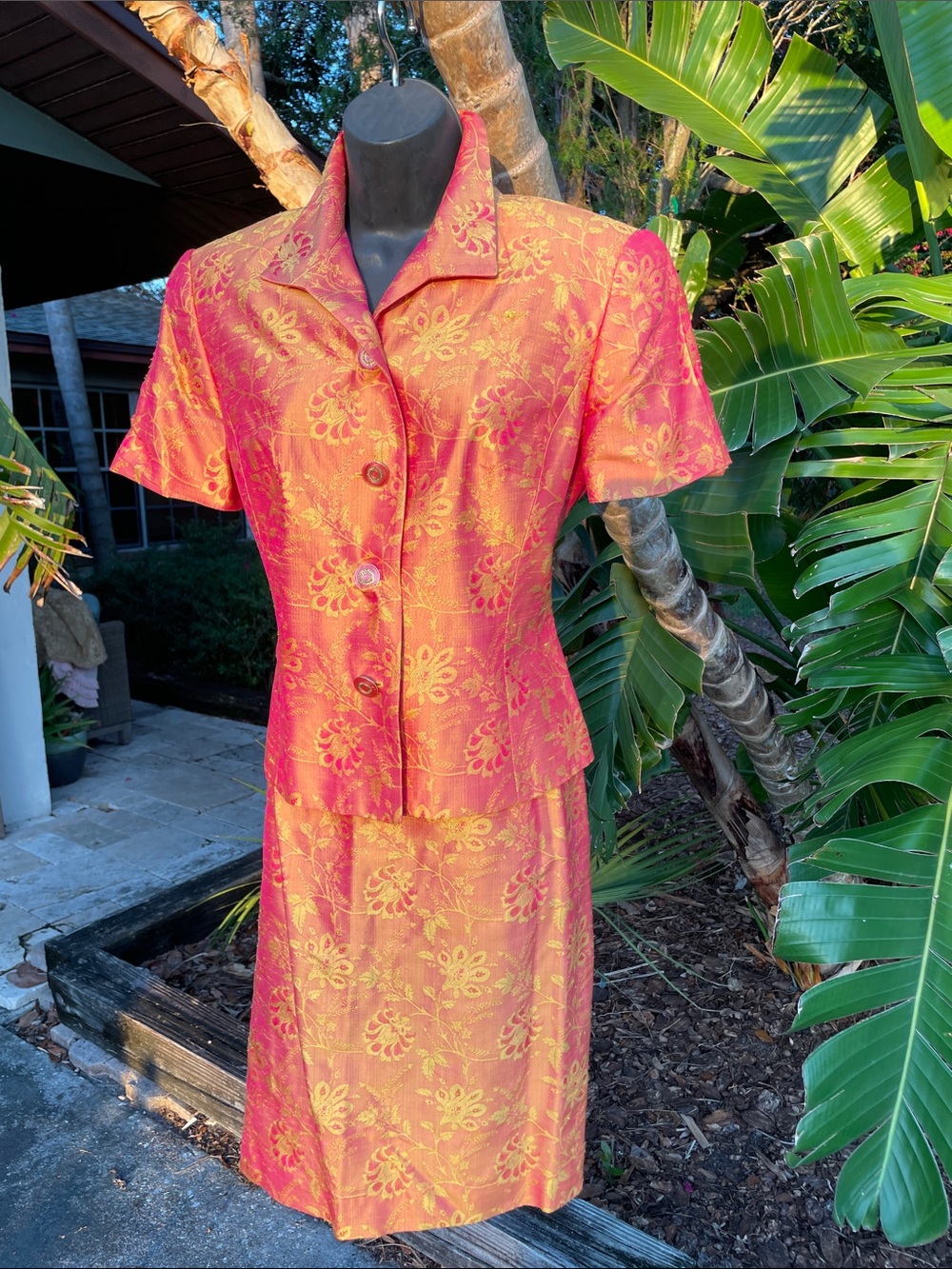 Silk brocade floral skirt suit